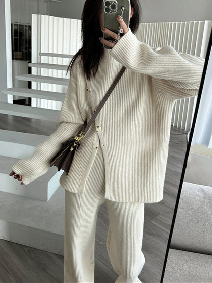 Casual Loose Solid Color Half Turtleneck Sweater Tops & Wide Leg Pants Suits