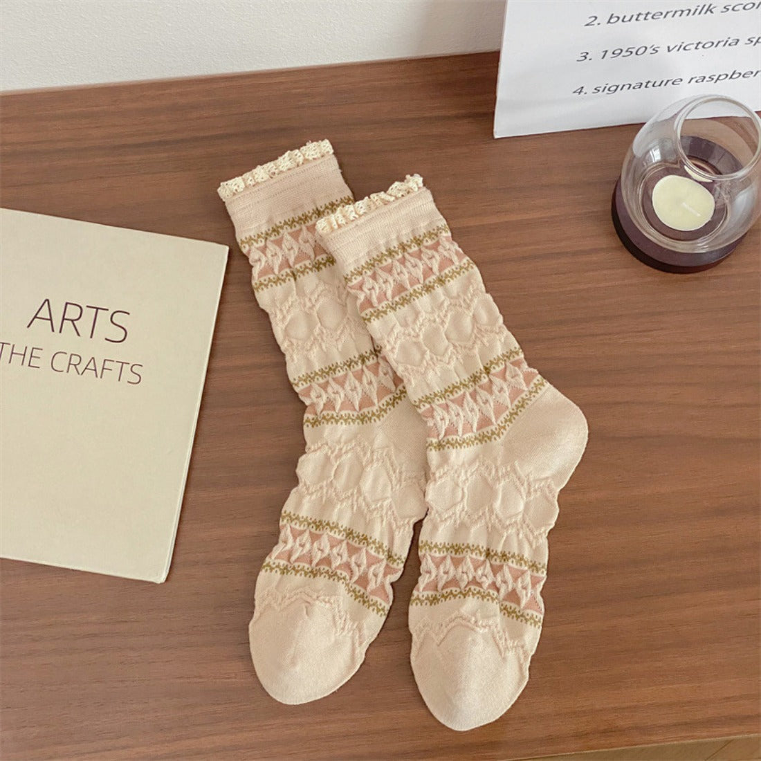 Rufia - Diamond Pattern Pleated Mid-Calf Socks