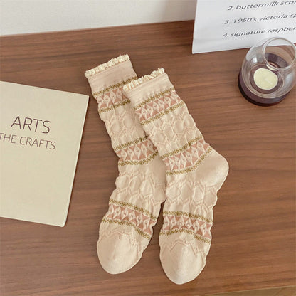 Rufia - Diamond Pattern Pleated Mid-Calf Socks