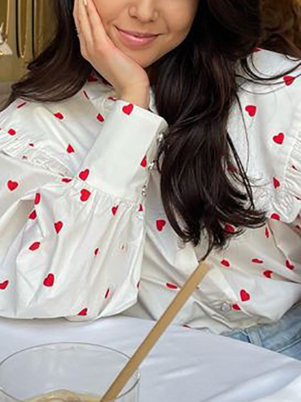 Loose Contrast Color Doll Collar Heart Print Blouses&Shirts Tops