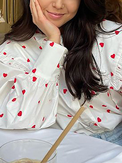 Loose Contrast Color Doll Collar Heart Print Blouses&Shirts Tops