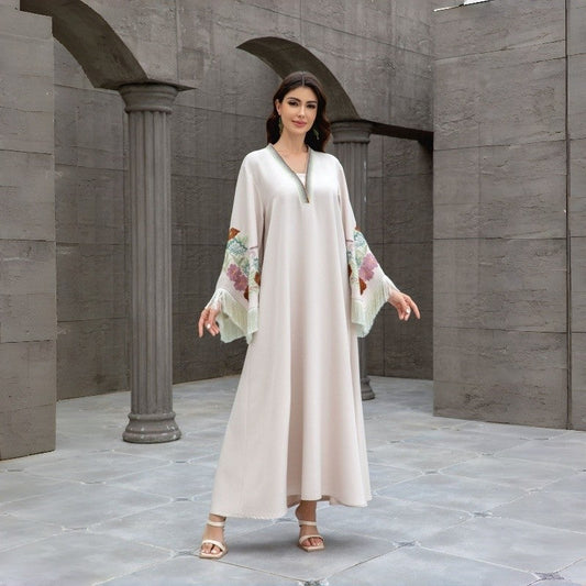 V Neck Embroidered Fringe Muslim Robe