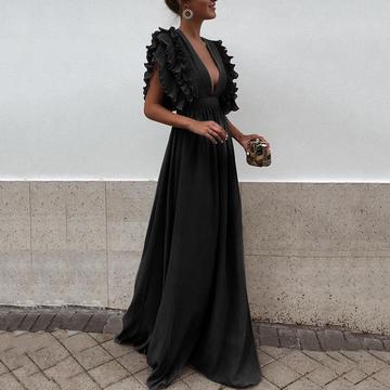 Solid Color Deep V Neck Backless Maxi Dress