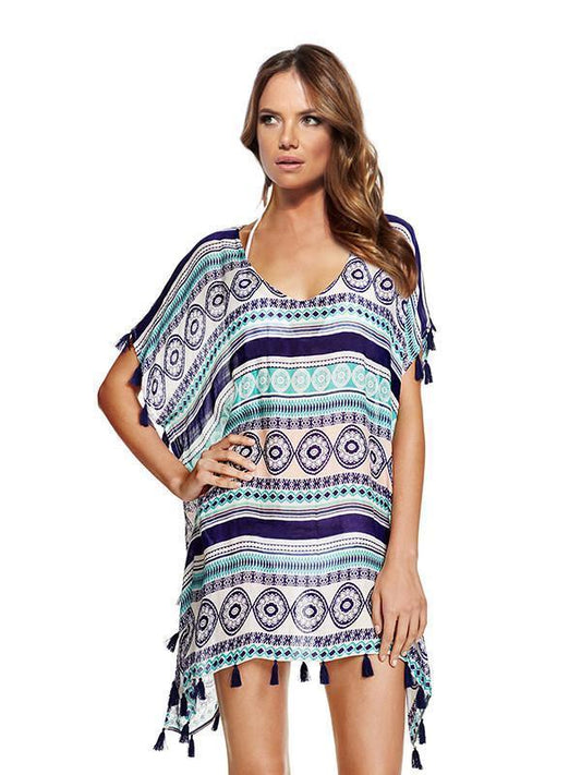 Casual Beach Vacation Tassel Chiffon Short Sleeve V Neck Mask Cover-Ups