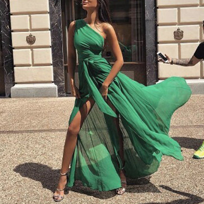 Sexy Chiffon One Shoulder Solid Color Maxi Dress