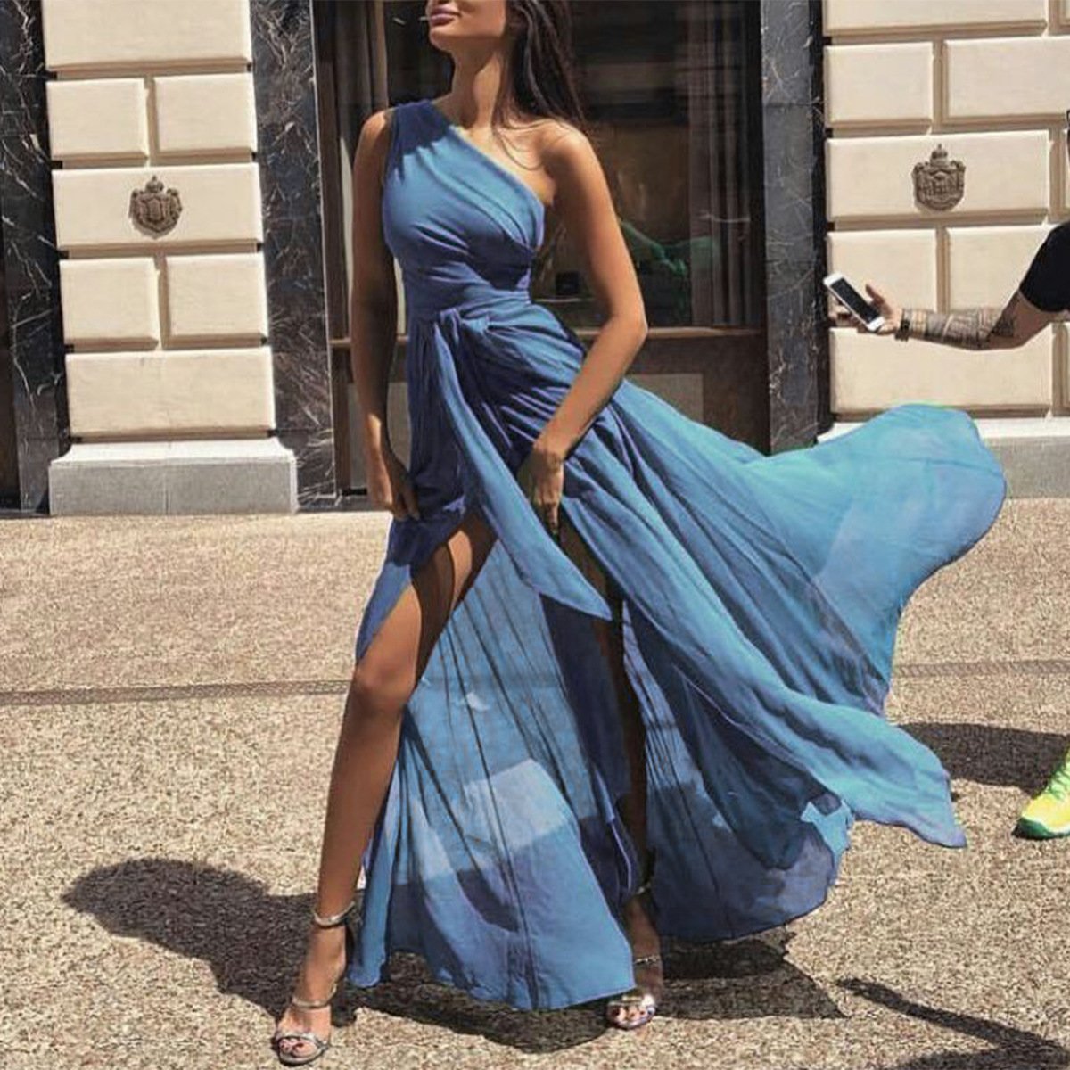 Sexy Chiffon One Shoulder Solid Color Maxi Dress