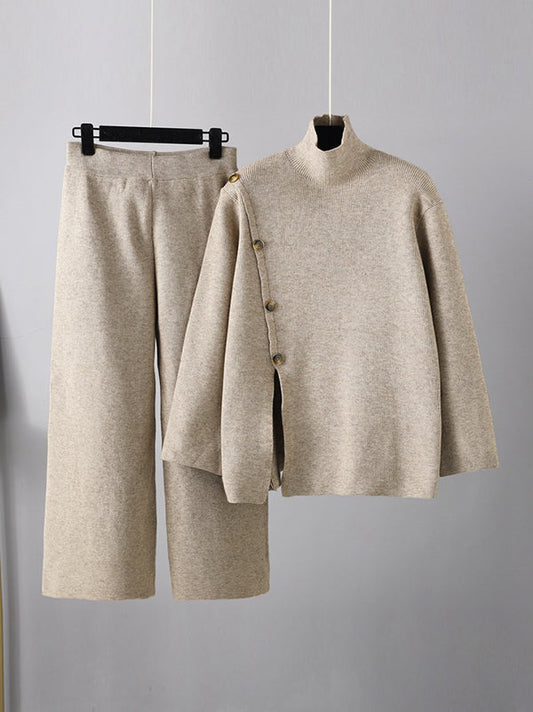 Urban Loose Buttoned Split-Front Solid Color High-Neck Sweater Tops &Wide Leg Pants Two Pieces Set