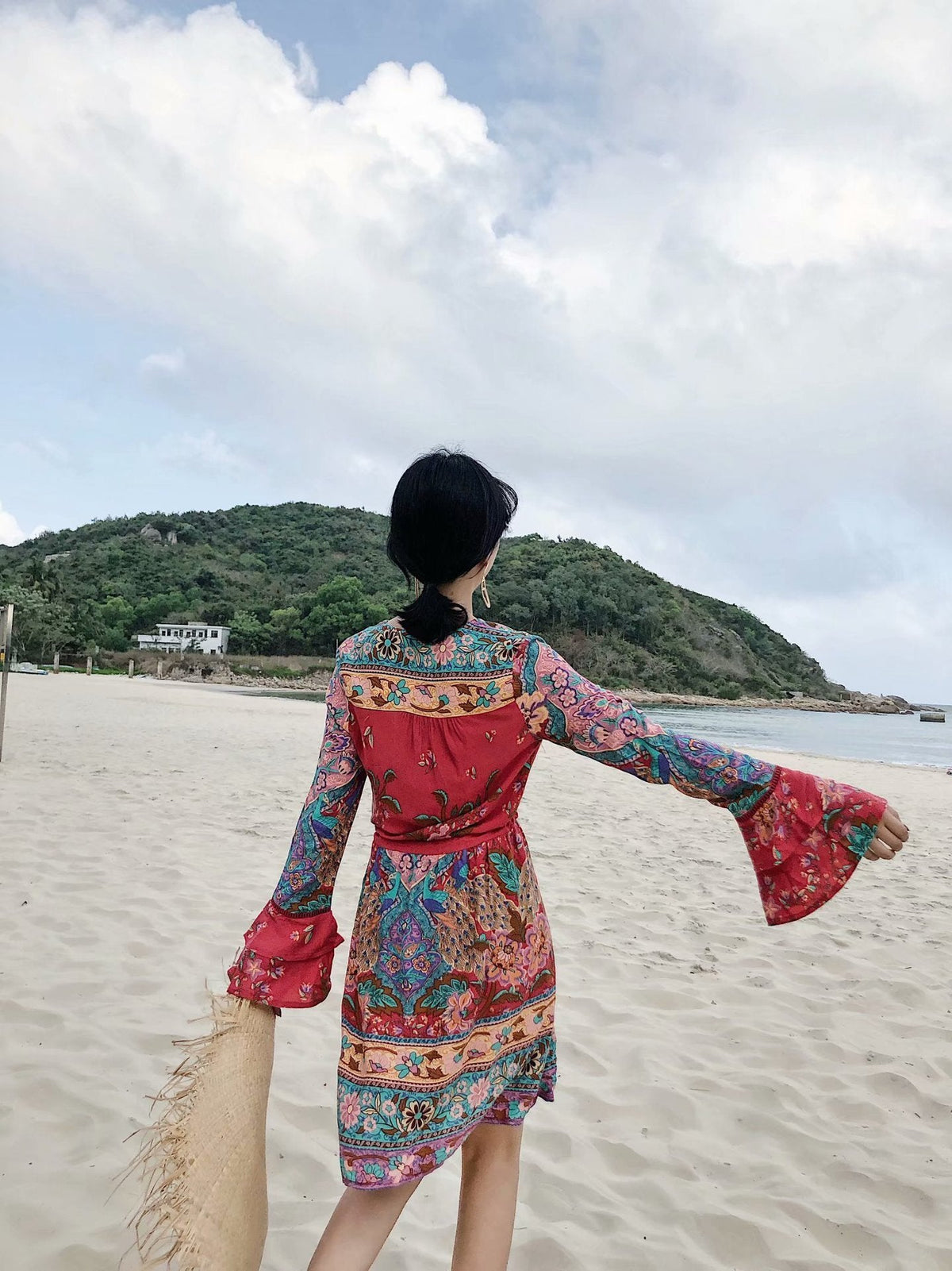 Boho Floral Printed Flare Long Sleeve Drawstring Waist Mini Dress
