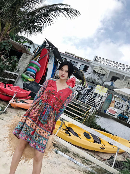 Boho Floral Printed Flare Long Sleeve Drawstring Waist Mini Dress