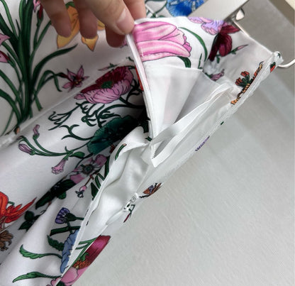 GG SS26 Flora Printed Pleated Midi Skirt White Multicolor Silk 351787