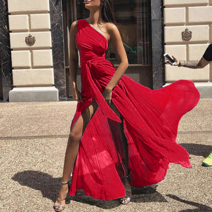 Sexy Chiffon One Shoulder Solid Color Maxi Dress