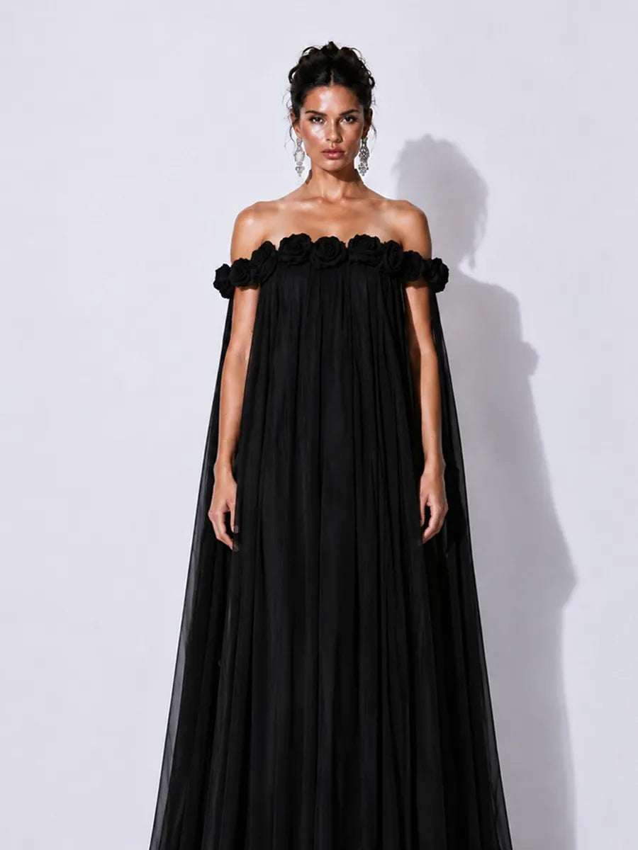 Grace 3D Floral Pleated Off-Shoulder Maxi Dress