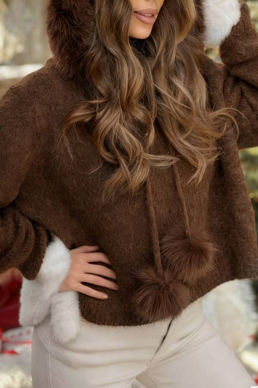 Cinnamon Tea Hooded Sweater with Fur Trim