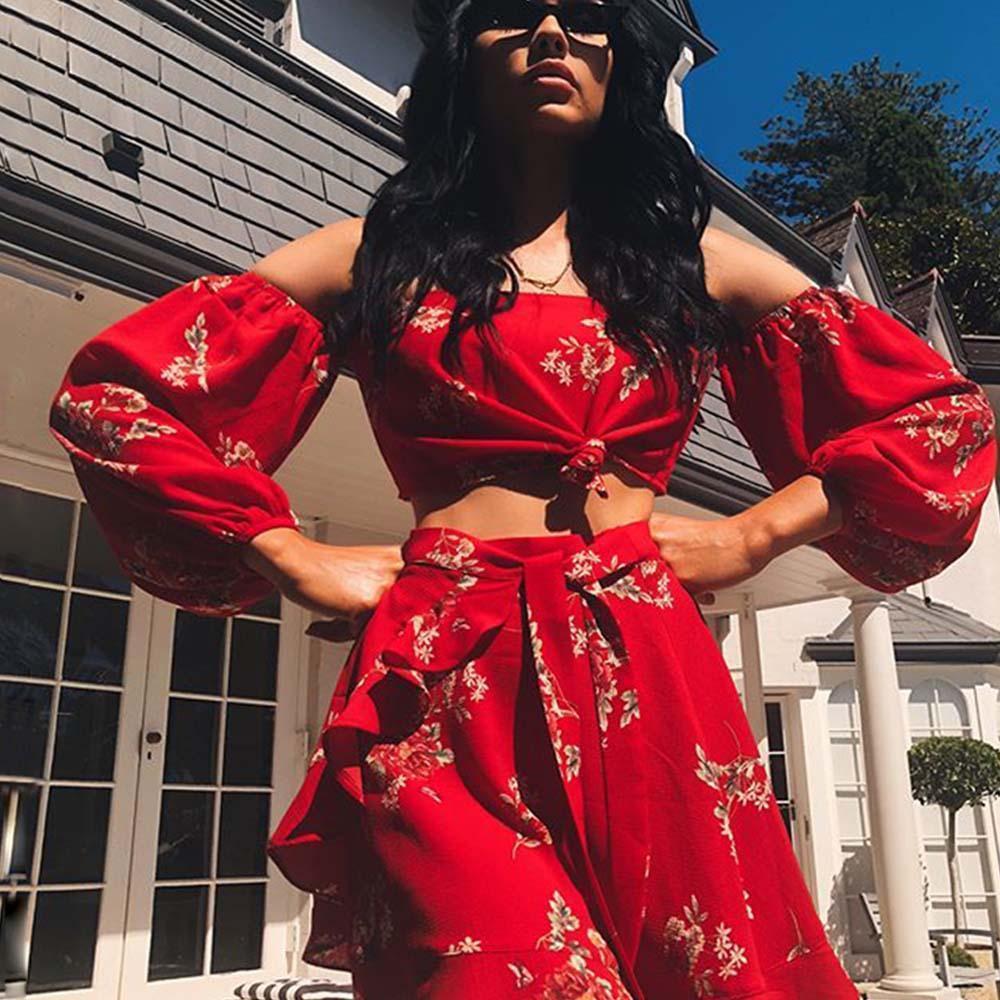 Chiffon Off The Shoulder Skirt And Sleeve Top 2 Piece Set