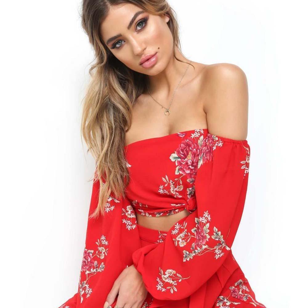 Chiffon Off The Shoulder Skirt And Sleeve Top 2 Piece Set
