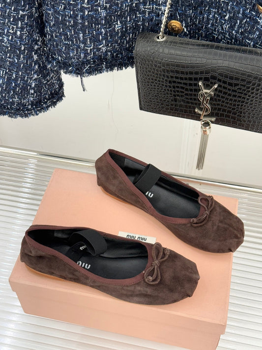 Miu Classic Bow Letter Ballet Flat Dark Brown Suede