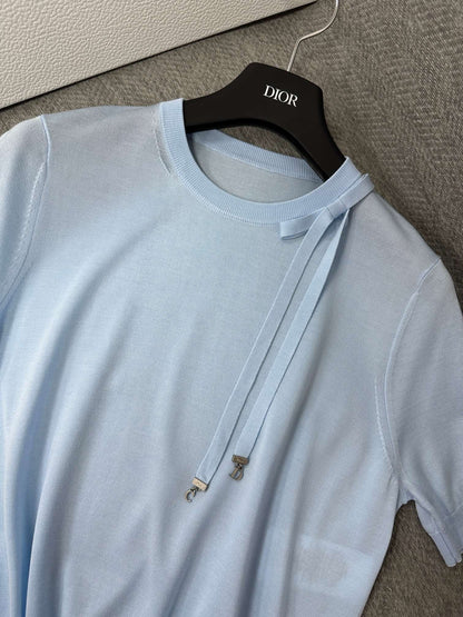 CD Short-Sleeved Fitted Sweater Sky Blue Silk Knit 349493