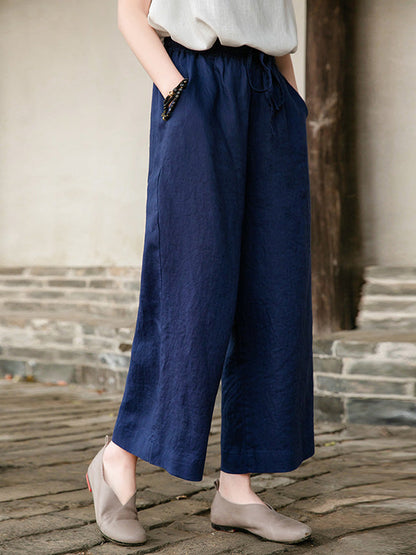 Simple Linen Column Elasticity Waist Bandage Pants