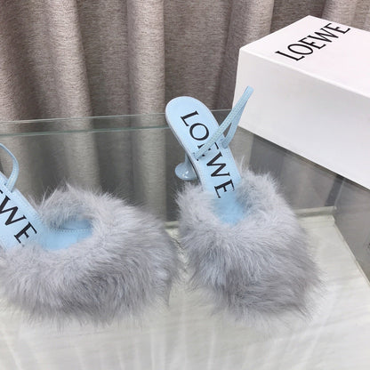 Loewe 25SS Fur-lined Mule 100 Blue in Fox Fur 597444