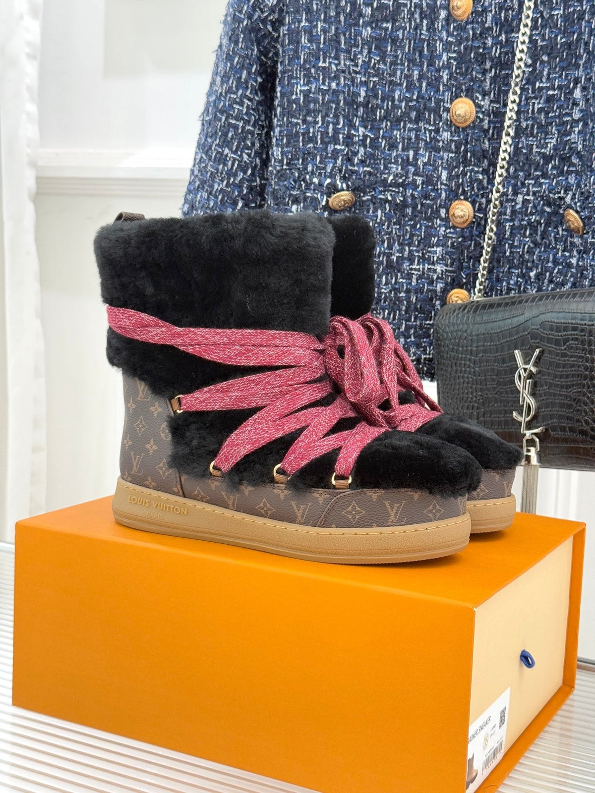LV Cloud Lace-Up Ankle Boot Sneaker Black-Red Shearling Monogram Canvas 572470