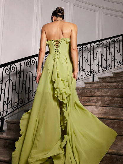 Rafaela Strapless Ruched Mesh Maxi Dress