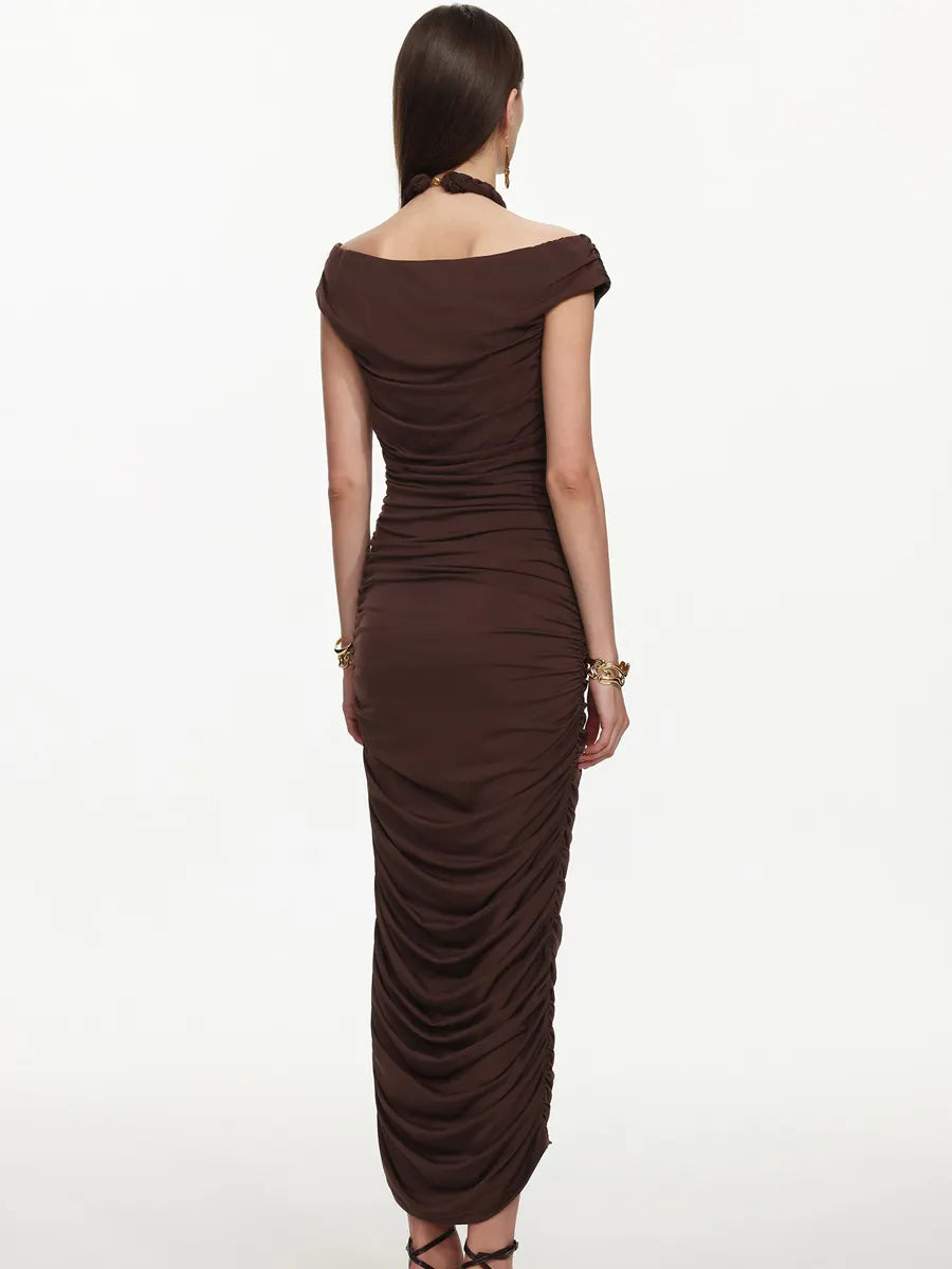 Greta Elegant Sleeveless Ruched Knit Brown Maxi Dress