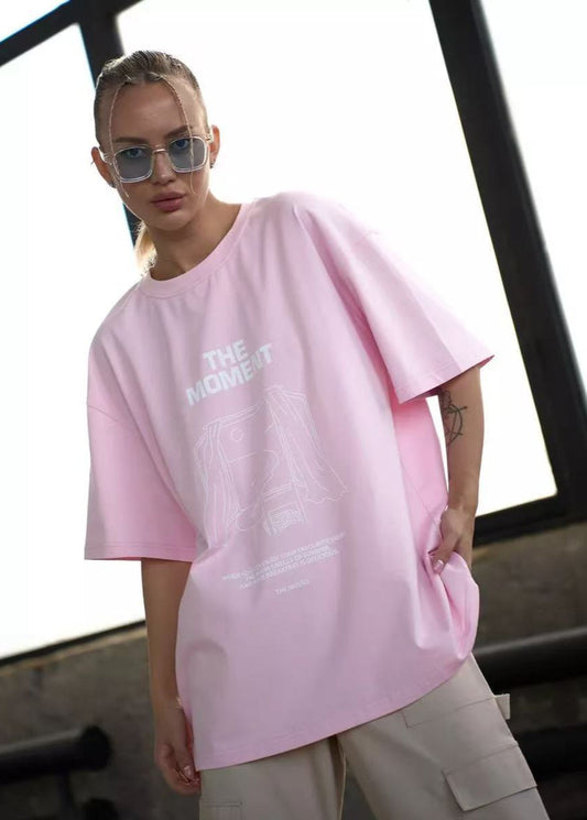 Oversized Cotton Tee With Graphic Print Pink