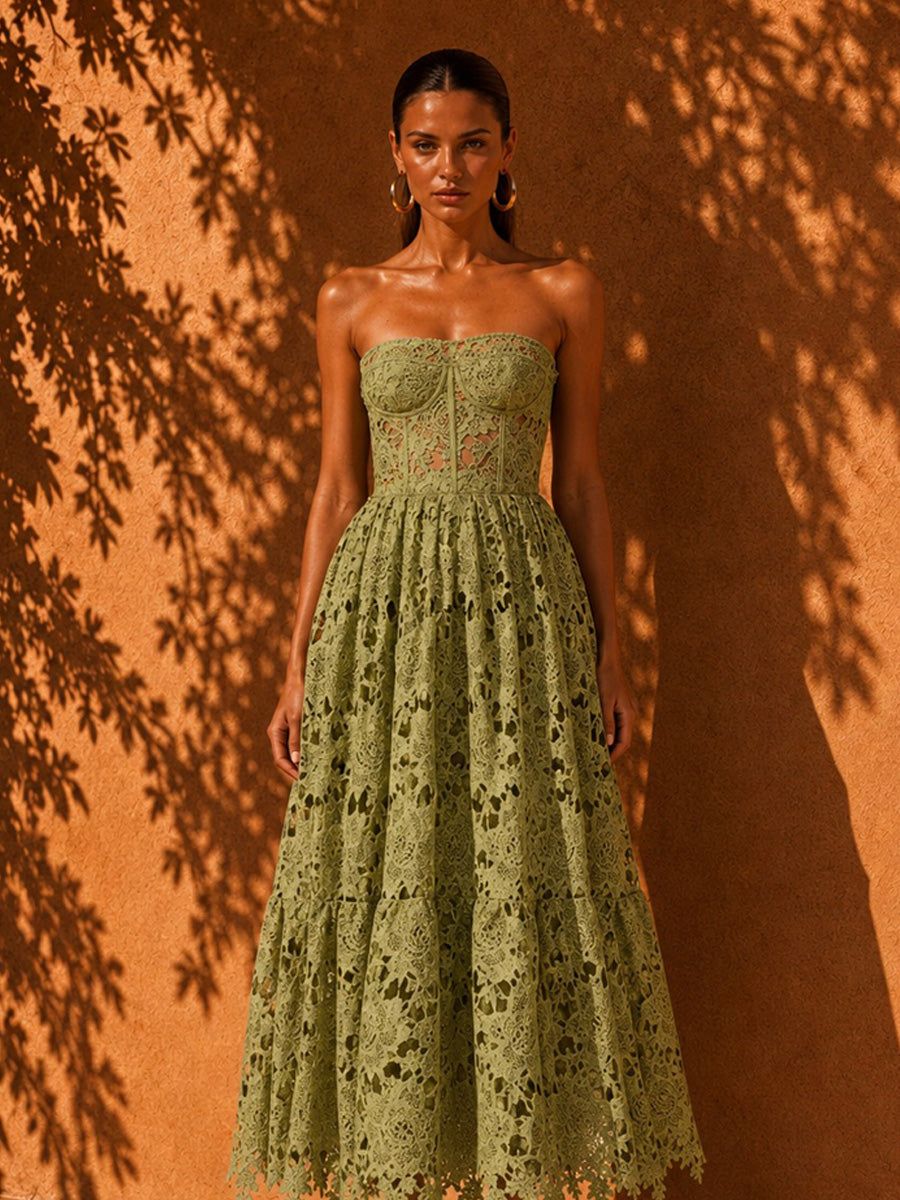 Audrey Embroidered Cutout Strapless Maxi Dress