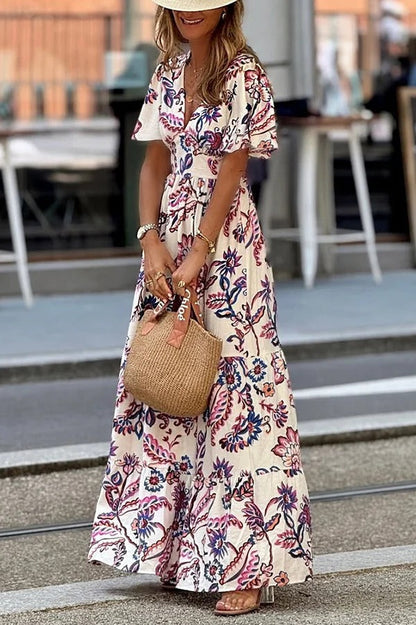Unique Print V-Neck Waist Holiday Maxi Dress