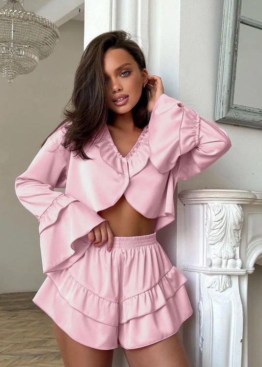 Long Sleeve Top and Shorts Set With Ruffle Trim