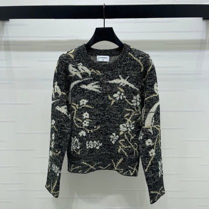 Chanel 25 Floral And Bird Long-sleeved Sweater Gray Wool 321306