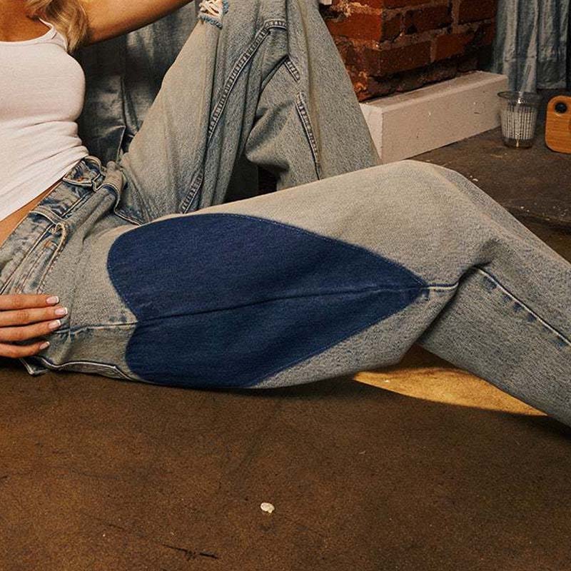 Splicing Heart Distressed Low Rise Straight Leg Jeans