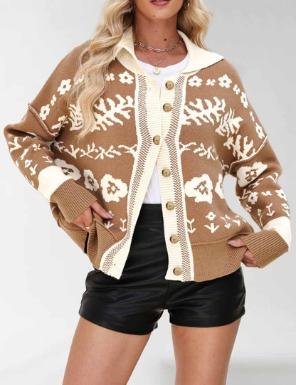 Vintage Floral Print Loose Knit Cardigan