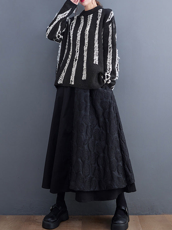 Casual Long Sleeves Loose Tasseled Round-Neck Sweater Tops