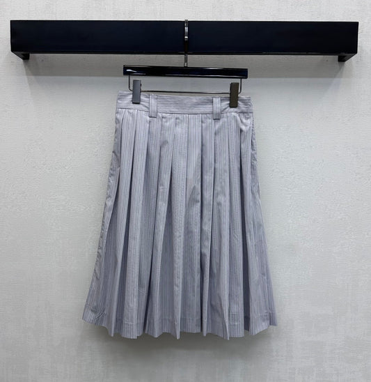Miu Miu Pleated Striped Midi Skirt Grey Cotton 341903