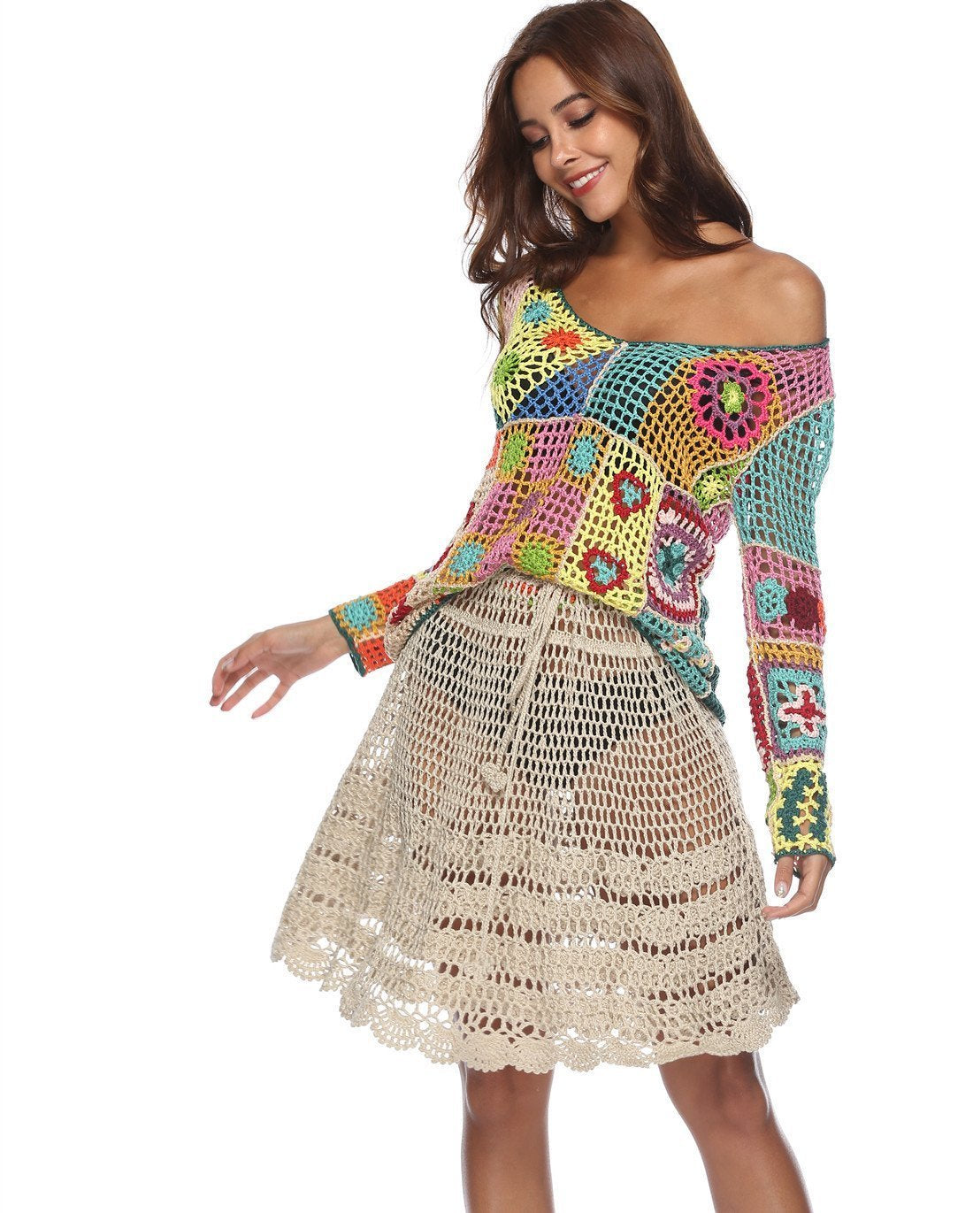 Rainbow Color Sexy Openwork Top Hand-Knit Beach Bikini Cover-Up