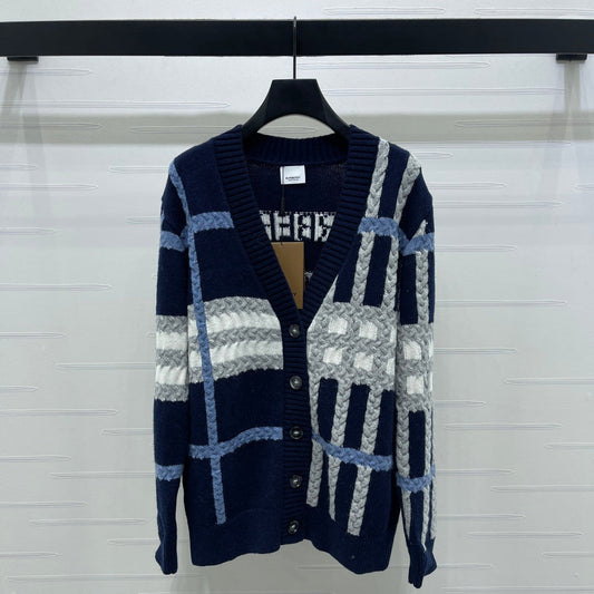 Burberry 25 V-neck Long-sleeved Cardigan Navy Blue Wool Cashmere