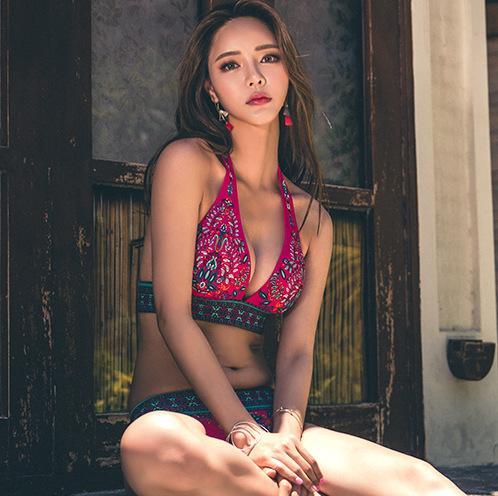 Ethnic Style Red Print Bikini Beach Strap Sexy Leaky Back Halter Split Swimsuit