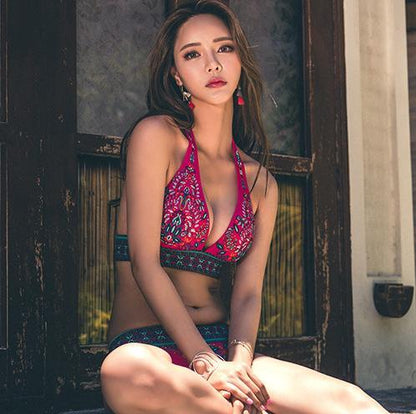 Ethnic Style Red Print Bikini Beach Strap Sexy Leaky Back Halter Split Swimsuit