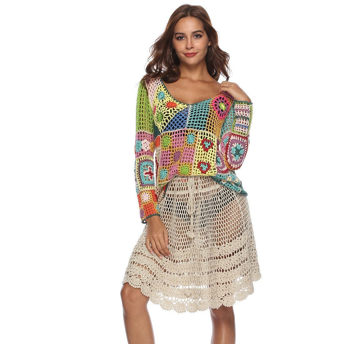 Rainbow Color Sexy Openwork Top Hand-Knit Beach Bikini Cover-Up