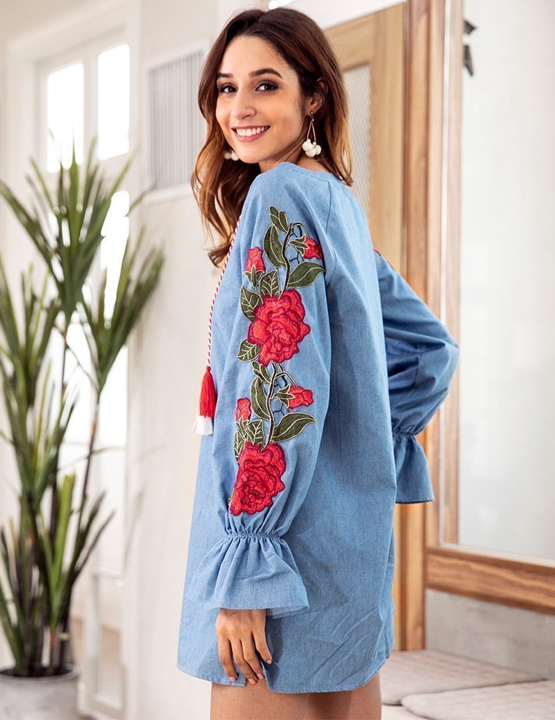 Embroidered V Neck Loose Mini Dress