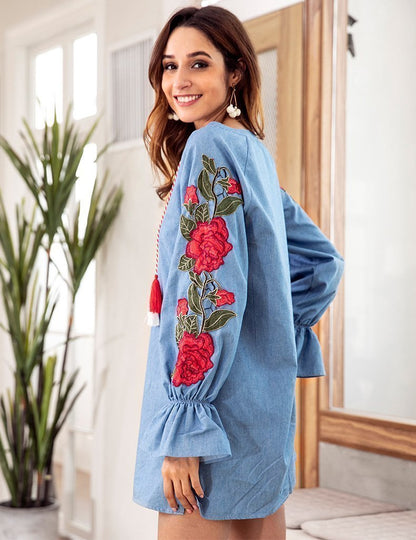 Embroidered V Neck Loose Mini Dress