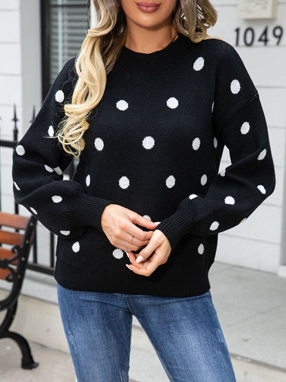 Long Sleeves Loose Polka-Dot Knitwear Pullovers Sweater Tops