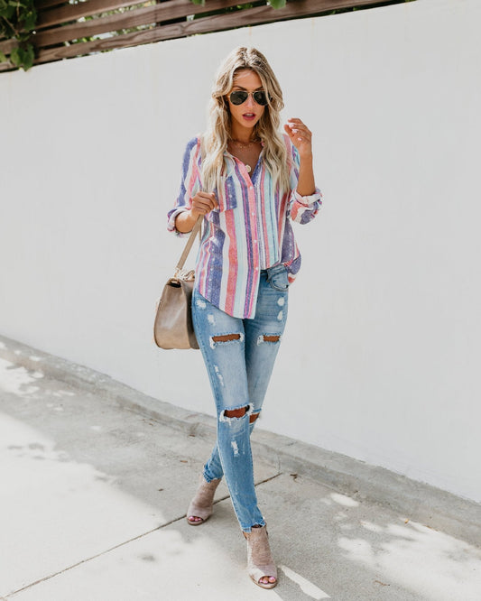 Fashion Colorful Striped Plus Size Long Sleeve Shirt