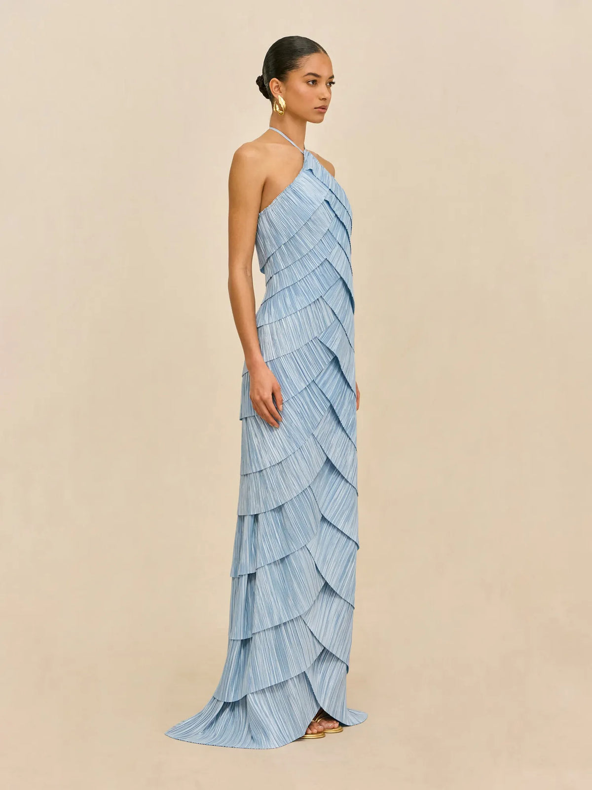Ella Tiered Pleated Halter-Neck Sleeveless Maxi Dress