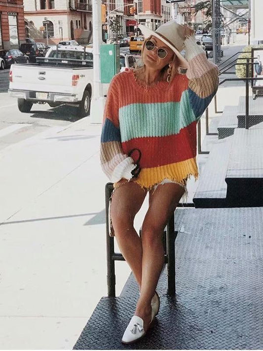 Fashion V-Neck Backless Knitting Striped Rainbow Colored Sweater Tops
