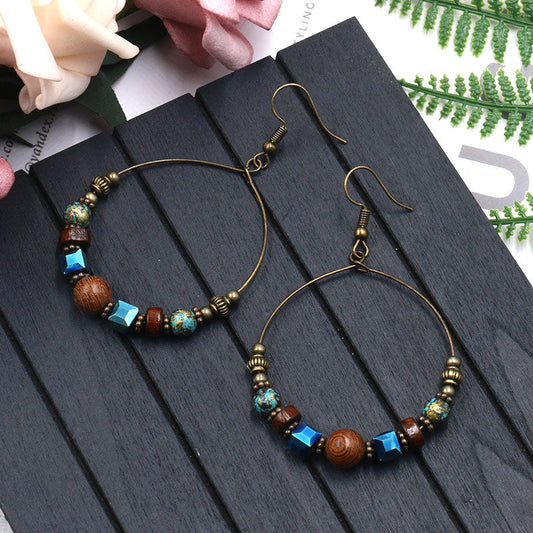 Geometric Metal Hoop Earrings with Wood Beads and Turquoise Accents