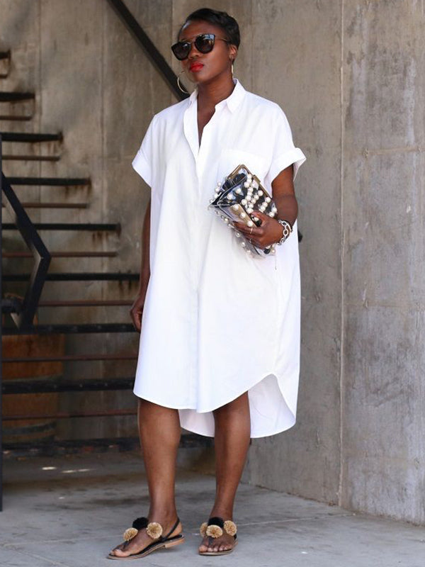 Simple White High-Low Short Sleeves Midi Dress