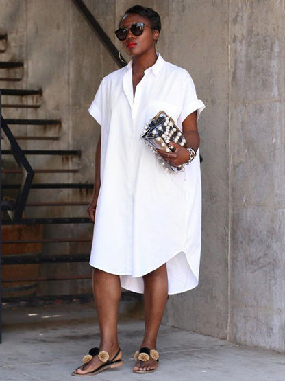 Simple White High-Low Short Sleeves Midi Dress