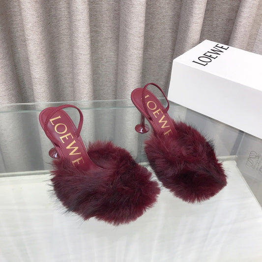 Loewe 25SS Fur-lined Mule 100 Burgundy in Fox Fur 597441